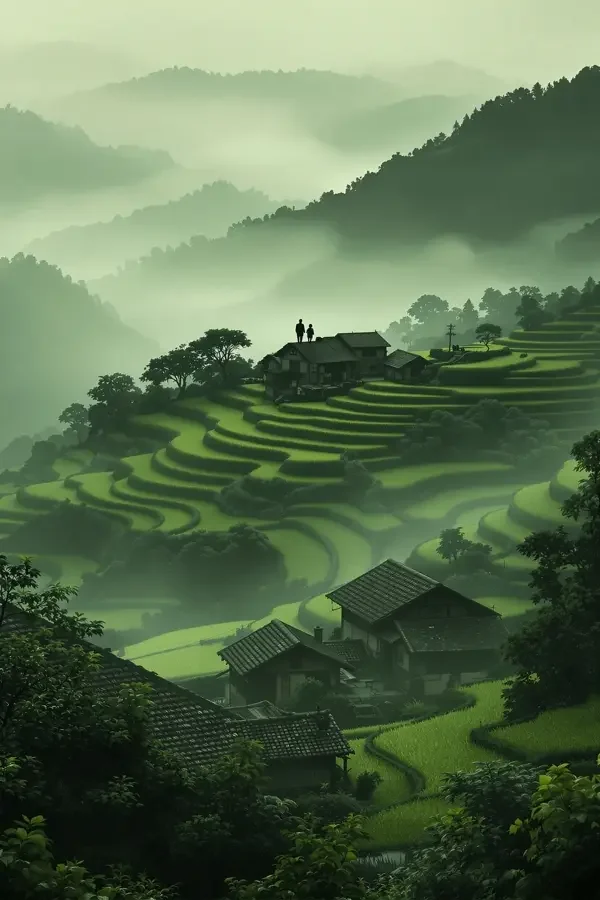 棕壤之约 - 免费电影网 年代剧集棕壤之约海报,八十年代乡村梯田与站在土地上的村民